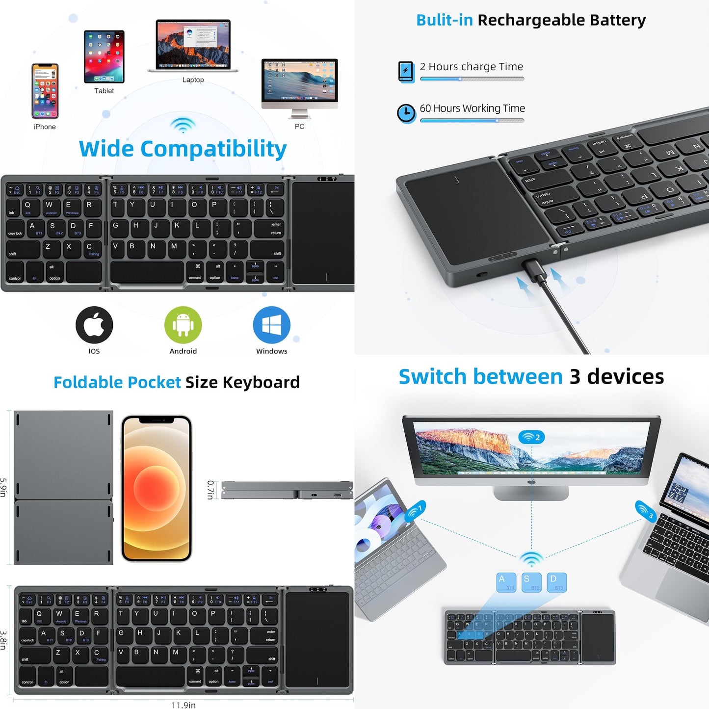 PIX Mini Bluetooth Wireless Folding Keyboard